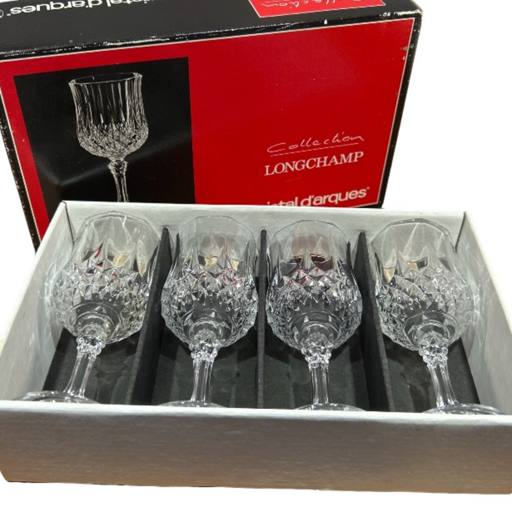 Vintage French D’Arques 4 Longchamp 2oz Crystal Diamond Cut Glasses In Box